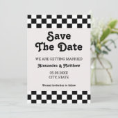 Retro Groovy zwart-wit geruit Save The Date (Staand voorkant)