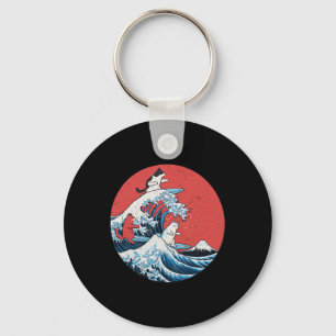 Retro Grote Golf Kat Fun Surfen Kat Japanse Kunst Sleutelhanger