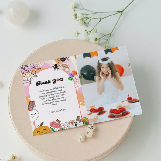 Retro grovvy Halloween verjaardag dank u kaart