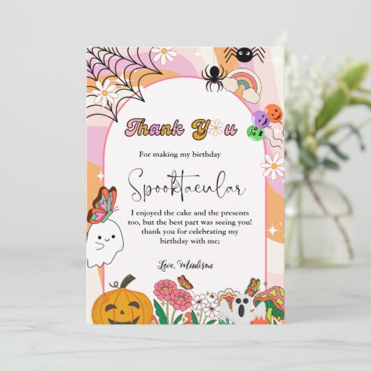 Retro grovvy Halloween verjaardag dank u kaart (Staand voorkant)