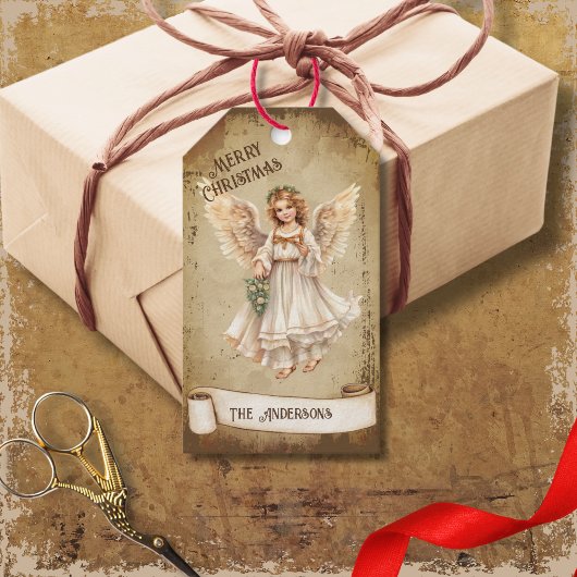 Retro Guardian Angel Vrolijk Kerstfeest Cadeaulabel