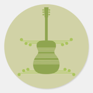 Retro Guitar-Stickers, Olijfgroen Ronde Sticker