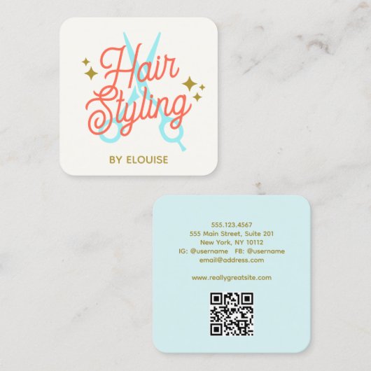 Retro Hair Stylist, Schaar QR Code Vierkante Visitekaartje (Voorkant / Achterkant)