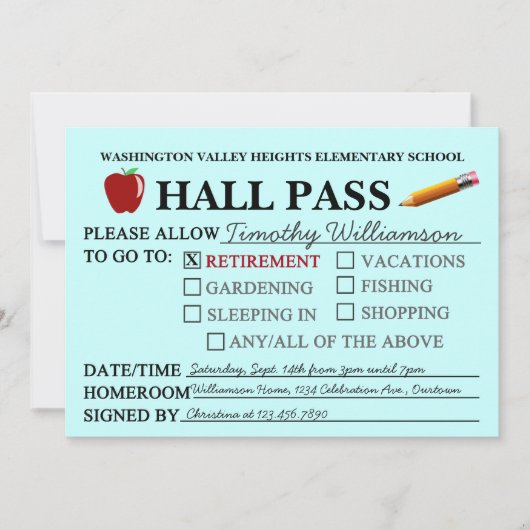 Retro Hall Pass Teacher Retiting Party Invitation Kaart (Voorkant)