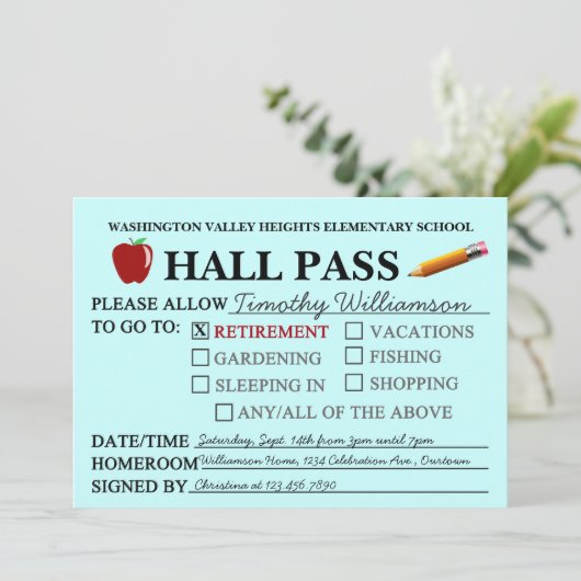 Retro Hall Pass Teacher Retiting Party Invitation Kaart (Staand voorkant)