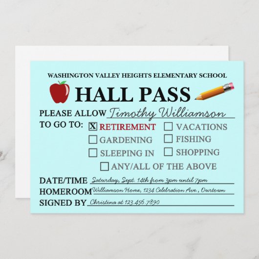 Retro Hall Pass Teacher Retiting Party Invitation Kaart (Voorkant / Achterkant)