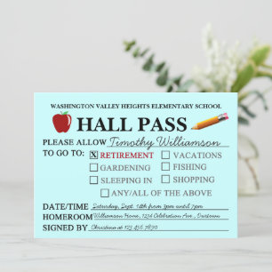 Retro Hall Pass Teacher Retiting Party Invitation Kaart