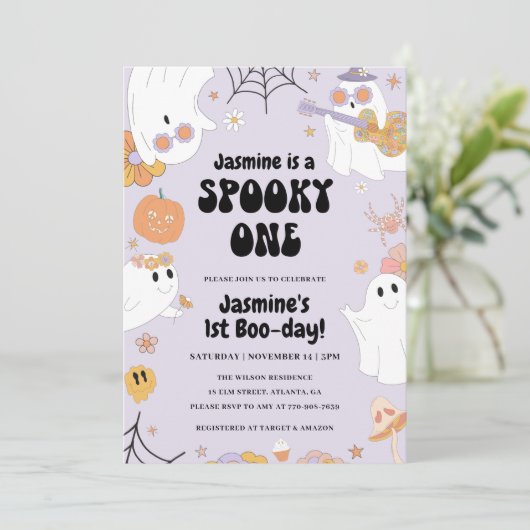 Retro Halloween 1e verjaardag Uitnodiging (Staand voorkant)