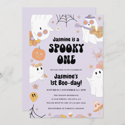 Retro Halloween 1e verjaardag Uitnodiging (Voorkant / Achterkant)