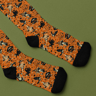 Retro Halloween-afbeeldingen in oranje en zwart Sokken