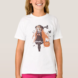 Retro Halloween Anime Meisje met Vleermuizen T-shirt