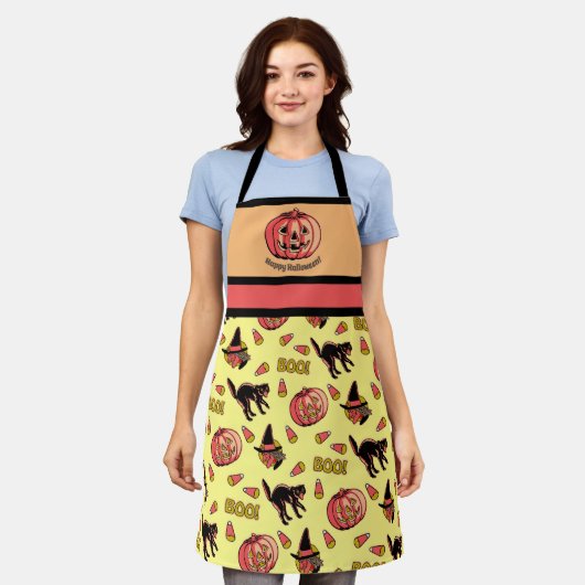 Retro Halloween Apron met kat heks en pompoen Schort (Gedragen)