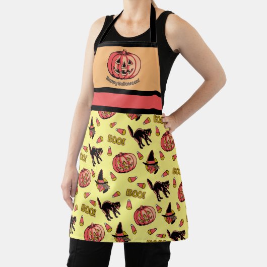 Retro Halloween Apron met kat heks en pompoen Schort (Insitu)