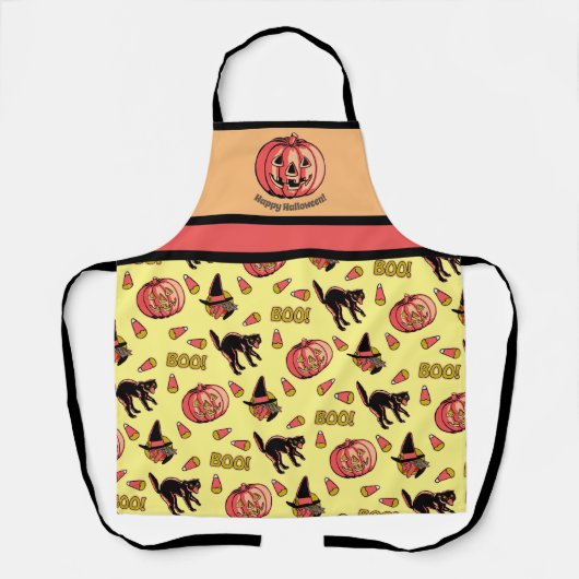 Retro Halloween Apron met kat heks en pompoen Schort (Voorkant)