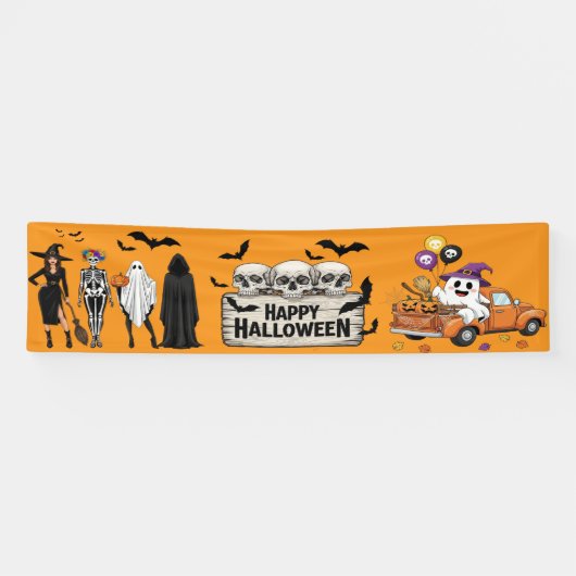 Retro Halloween Banner - Skulls & Ghosts Decor! (Horizontaal)