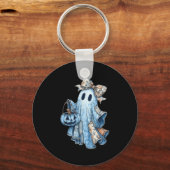 Retro Halloween Blauw Denim Ghost Bloemen Patchwor Sleutelhanger (Voorkant)