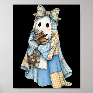 Retro Halloween Blauwe Denim Geest Dachshund Grapp Poster