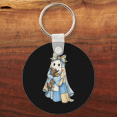 Retro Halloween Blauwe Denim Geest Dachshund Grapp Sleutelhanger (Voorkant)