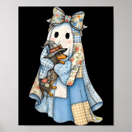 Retro Halloween Blue Denim Ghost Dachshund Funny  Poster (Voorkant)