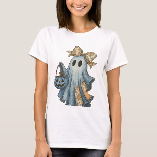 Retro Halloween Blue Denim Ghost shirt (Voorkant)