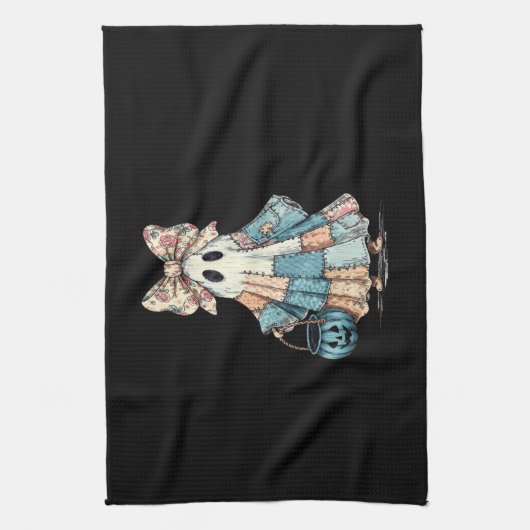 Retro Halloween Blue Denim Ghost Theedoek (Verticaal)