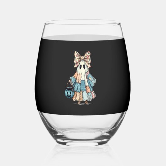 Retro Halloween Blue Denim Ghost Wijnglas Zonder Voet (Voorkant)