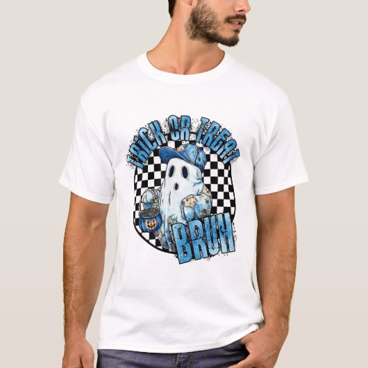 Retro Halloween Blue Denim Patchwork Spooky Ghost T-shirt (Voorkant)