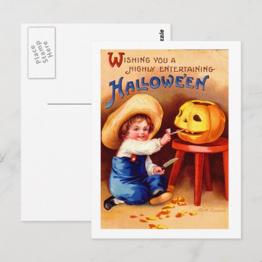 Retro  Halloween Boy Carvier Briefkaart (Voorkant / Achterkant)