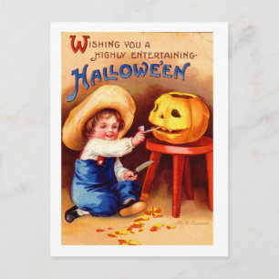 Retro  Halloween Boy Carvier Briefkaart