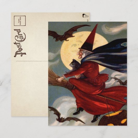 Retro Halloween Broom Witch Briefkaart (Voorkant / Achterkant)