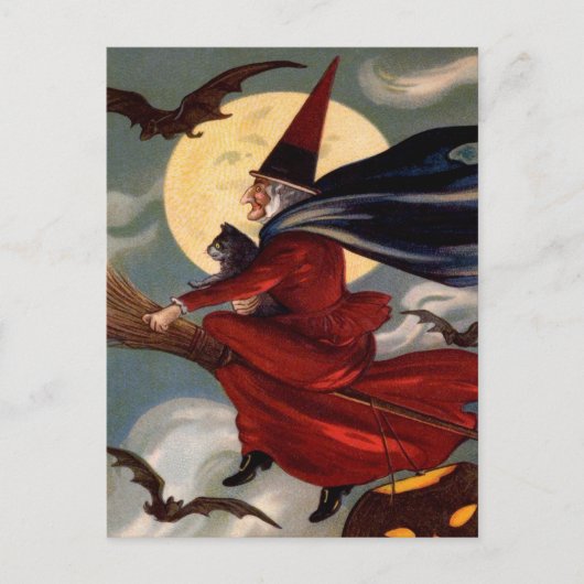 Retro Halloween Broom Witch Briefkaart (Voorkant)