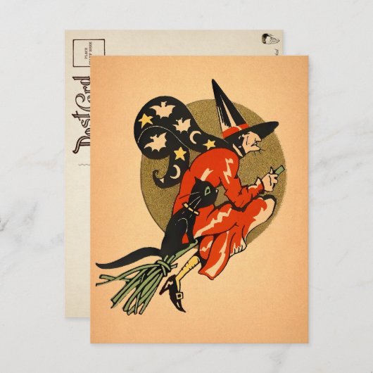 Retro Halloween Broom Witch Briefkaart (Voorkant / Achterkant)