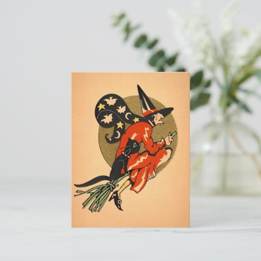 Retro Halloween Broom Witch Briefkaart (Staand voorkant)
