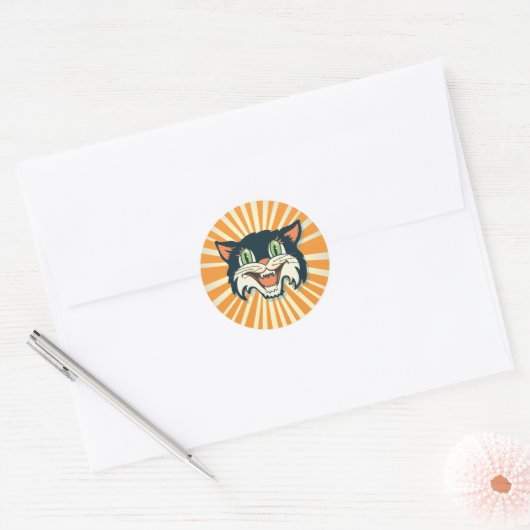 Retro  Halloween Cat Ronde Sticker (Envelop)