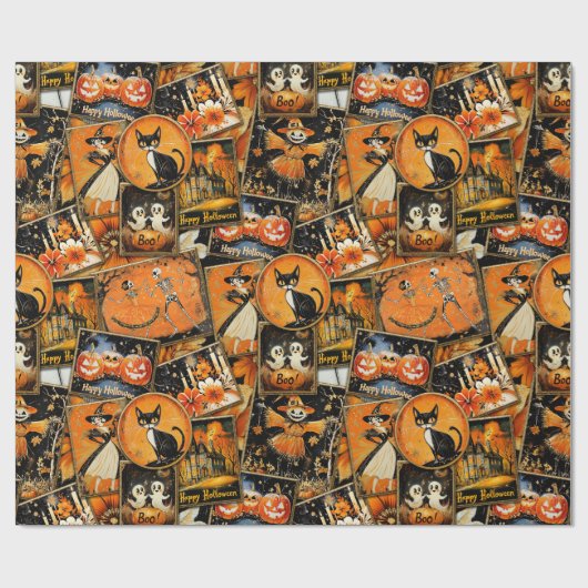 Retro  Halloween Fun Collage Cadeaupapier (Vlak)
