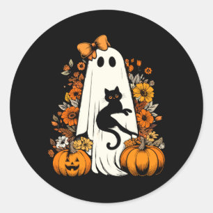 Retro Halloween Geest met Zwarte Kat Bloemstuk Ronde Sticker