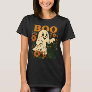 Retro Halloween Ghost & Black Cat    Boo Fl T-shirt