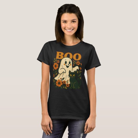 Retro Halloween Ghost & Black Cat |  Boo Fl T-shirt (Voorkant volledig)