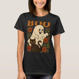 Retro Halloween Ghost & Black Cat |  Boo Fl T-shirt