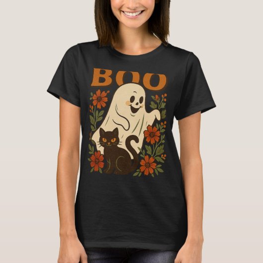 Retro Halloween Ghost & Black Cat | Boo Fl T-shirt (Voorkant)