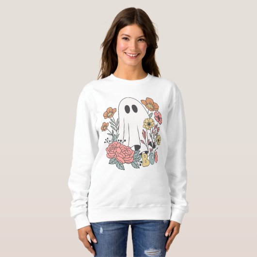 Retro Halloween Ghost Boo en Flowers Trui (Voorkant volledig)