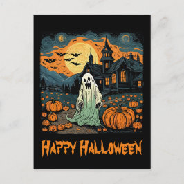 Retro Halloween Ghost Creepy Pompoen Volle Maan Briefkaart