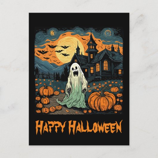 Retro Halloween Ghost Creepy Pompoen Volle Maan Briefkaart (Voorkant)
