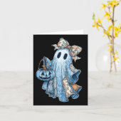 Retro Halloween Ghost Denim Pattern Bow Mannen Vro Kaart (Gele Bloem)