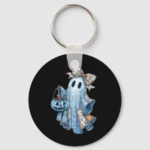 Retro Halloween Ghost Denim Pattern Bow Mannen Vro Sleutelhanger