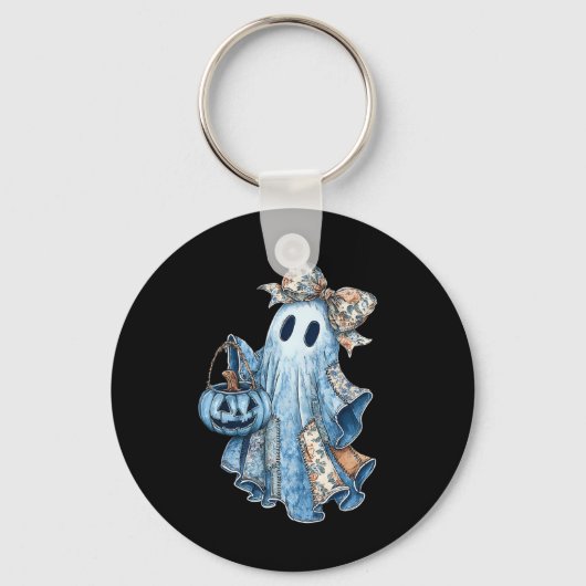 Retro Halloween Ghost Denim Pattern Bow Mannen Vro Sleutelhanger (Voorkant)