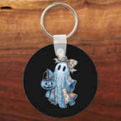 Retro Halloween Ghost Denim Pattern Bow Mannen Vro Sleutelhanger (Voorkant)