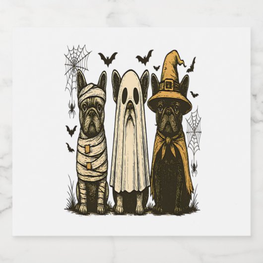 Retro Halloween Ghost Franse Bulldog Gothic PNG Sparkling Wijnetiket (Enkel label)