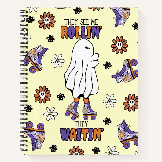 Retro Halloween Ghost met Roller Blades paarse Notitieboek (Voorkant)