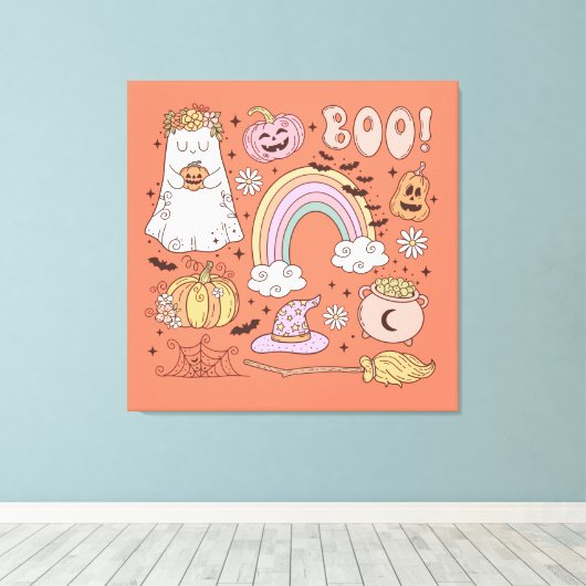 Retro Halloween Ghost Pompoen Spin Web Witch Pet Canvas Afdruk (Insitu (Houten vloer))